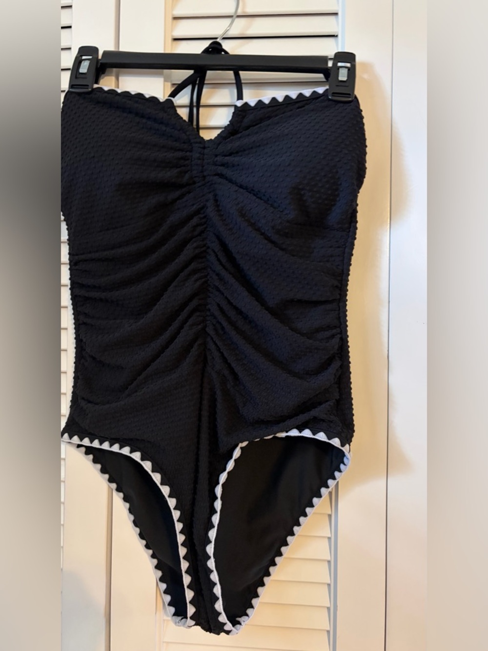 Black Textured One-Piece Swimsuit with White Scallop Trim